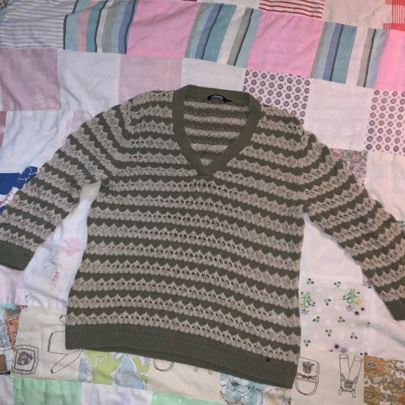 olsen Green and Cream knit Sweater 100% cotton L 3/4 sleeves‎ - Picture 2 of 10